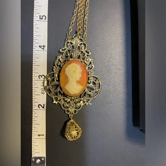 Large Vintage Filigree Cameo Pendant On Double 20” Chains Victorian Revival - Picture 6 of 7
